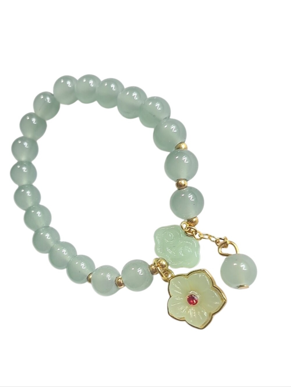 Mint Green Beaded Stretch Bracelet w/ Flower Charm & Jade-Style Floral Accent